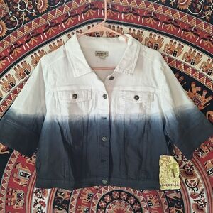 One World White Black Ombre Cropped Short Sleeve Button-Up Denim Trucker Jacket